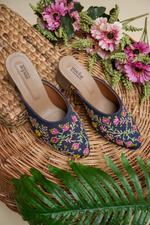 Navy Blue Hand-Embroidered Floral Closed Toe Mules for Women