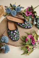 Black floral embroidered women juttis handcrafted by Stepellas
