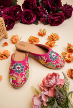 Pink floral embroidered women juttis by Stepellas handcrafted ethnic footwear