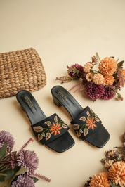 Black Floral Embroidered Block Heel Slip On Sandals for Women