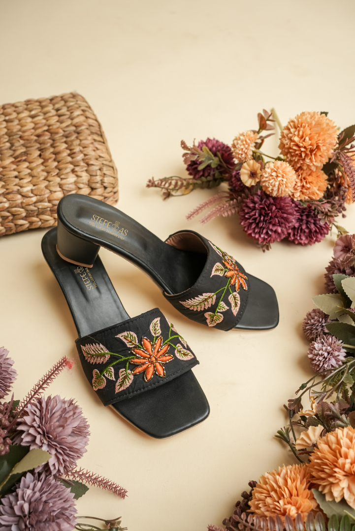 Black Floral Embroidered Block Heel Slip On Sandals for Women