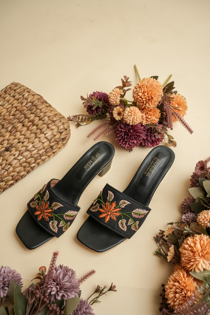 Black Floral Embroidered Block Heel Slip On Sandals for Women