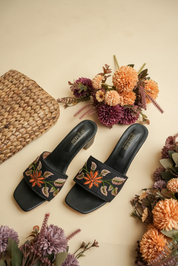 Black Floral Embroidered Block Heel Slip On Sandals for Women