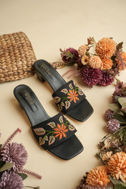 Black Floral Embroidered Block Heel Slip On Sandals for Women
