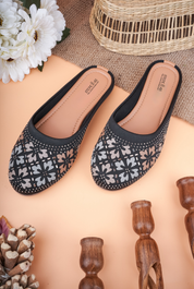 Stepellas Black Floral Square Pattern Studded Mojdi for Women