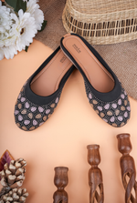Black floral mojdi for women with soft cushioned sole and premium finish