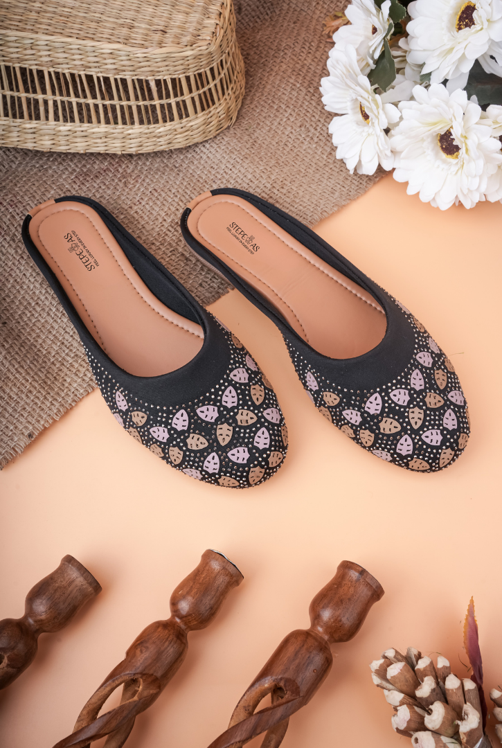 Black floral sirovski stone work mojdi for women handcrafted by Stepellas