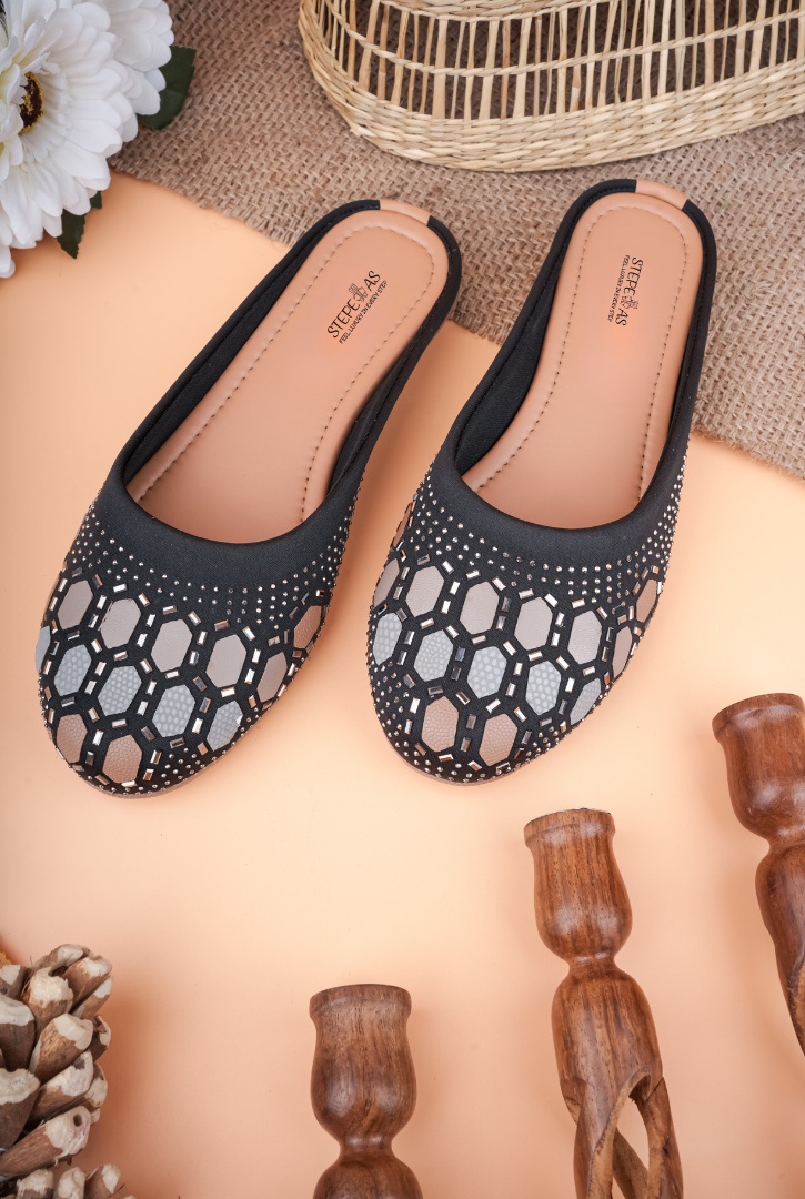 Stepellas Black Geometric Stone Work Jutti for Women