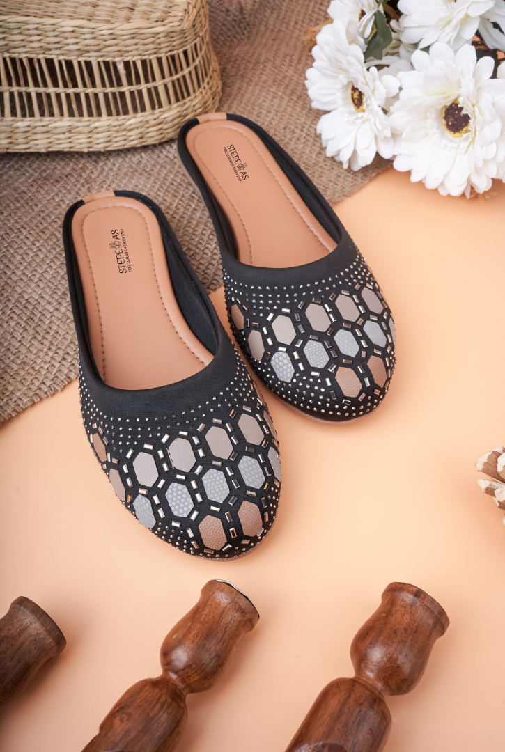 Stepellas Black Geometric Stone Work Jutti for Women