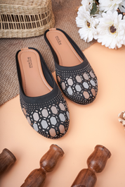 Stepellas Black Geometric Stone Work Jutti for Women