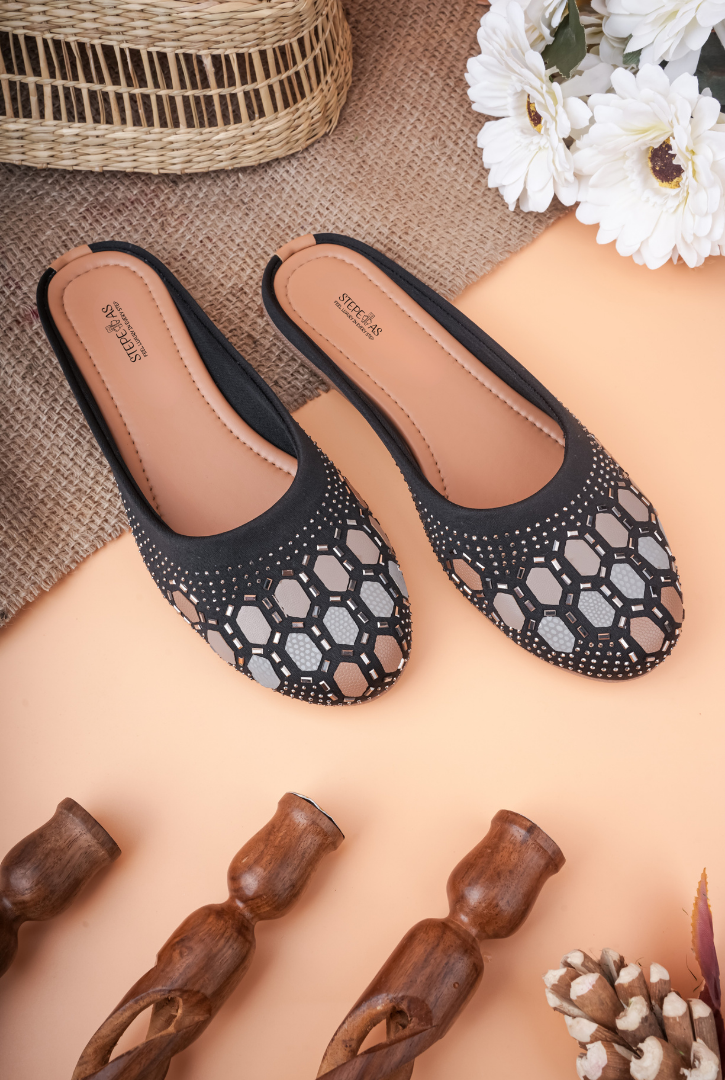 Stepellas Black Geometric Stone Work Jutti for Women