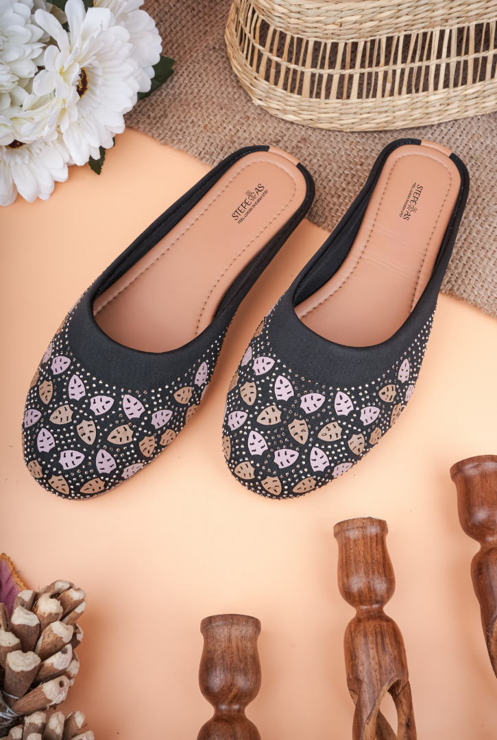 Stepellas black festive mojdi for women perfect for weddings and festivals