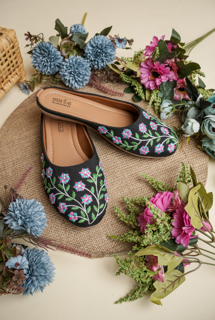 Black floral embroidered women juttis handcrafted by Stepellas