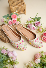 Cream pink floral embroidered women juttis by Stepellas with cushioned insole