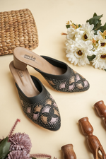 Elegant Stepellas black ethnic heels with shimmering stone work, perfect for wedding and festive occasions.