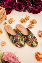 Ethnic dark green floral embroidered women juttis suitable for festive and daily wear
