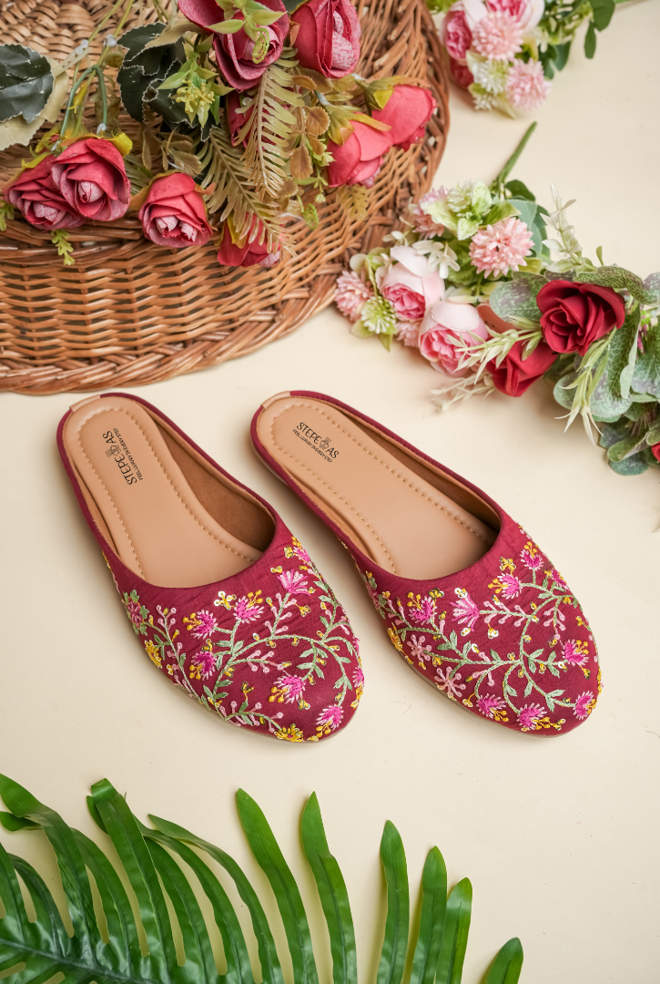 Ethnic maroon floral embroidered women juttis suitable for festive and daily wear