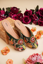 Green multicolor floral embroidered women juttis by Stepellas with cushioned insole