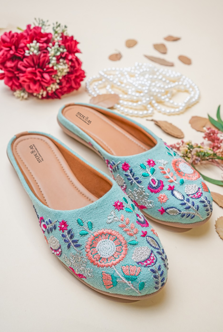 Handcrafted pista green ethnic women juttis with floral embroidery