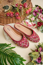 Maroon multicolor floral embroidered women juttis by Stepellas with cushioned insole