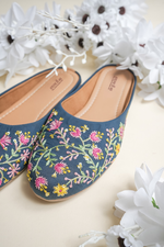 Traditional Stepellas navy blue mojdis with intricate handcrafted floral vel embroidery and cushioned soles.