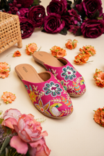 Pink floral embroidered women juttis suitable for festive and wedding wear