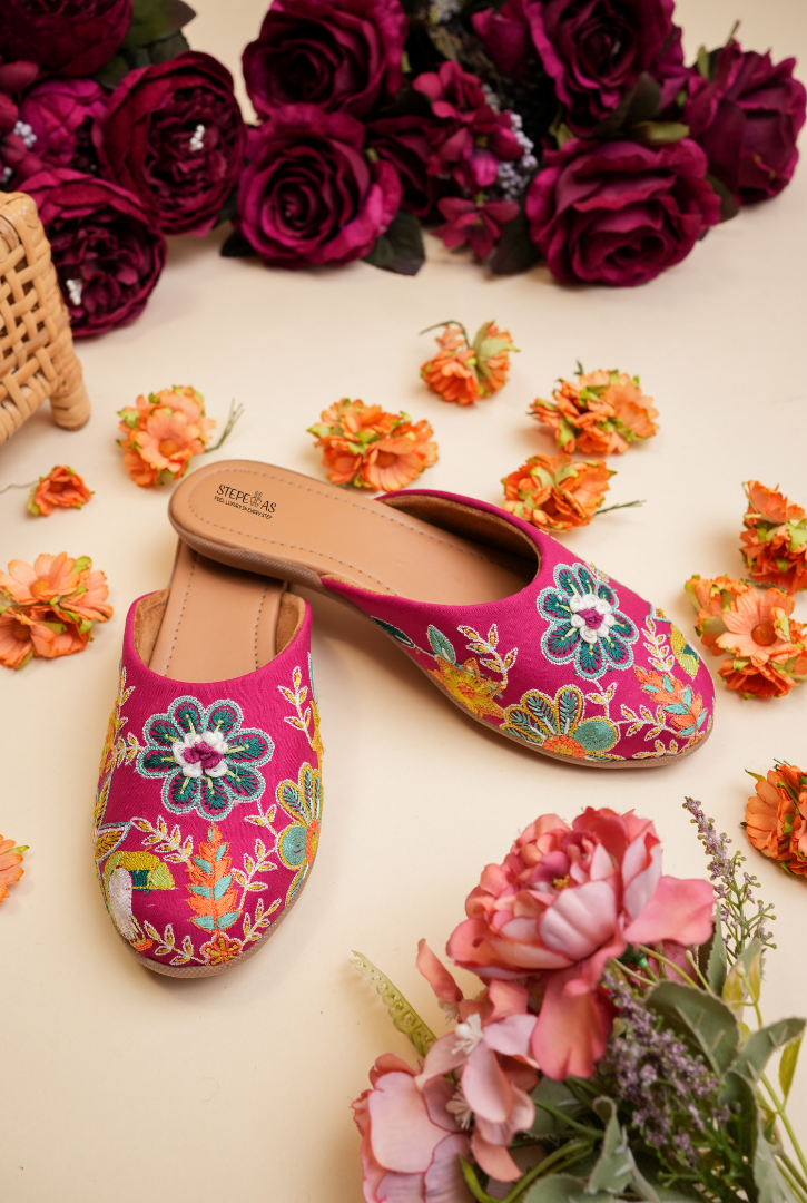 Pink floral embroidered women juttis by Stepellas handcrafted ethnic footwear